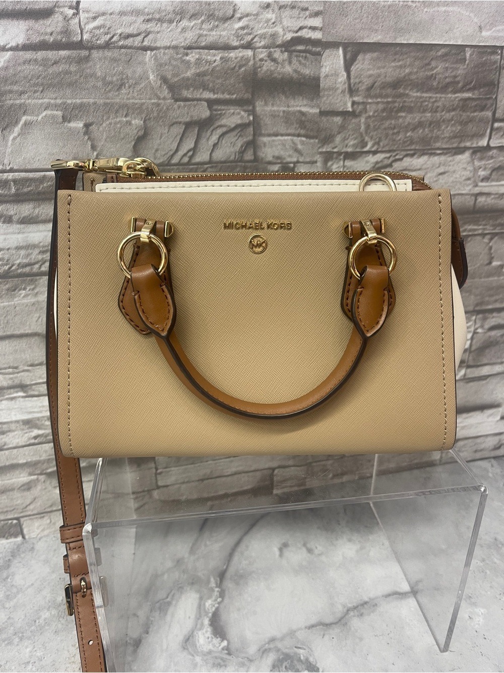 Michael Kors Marilyn Small Colorblock Satchel & Matching Card Case Camel - Picture 8 of 14